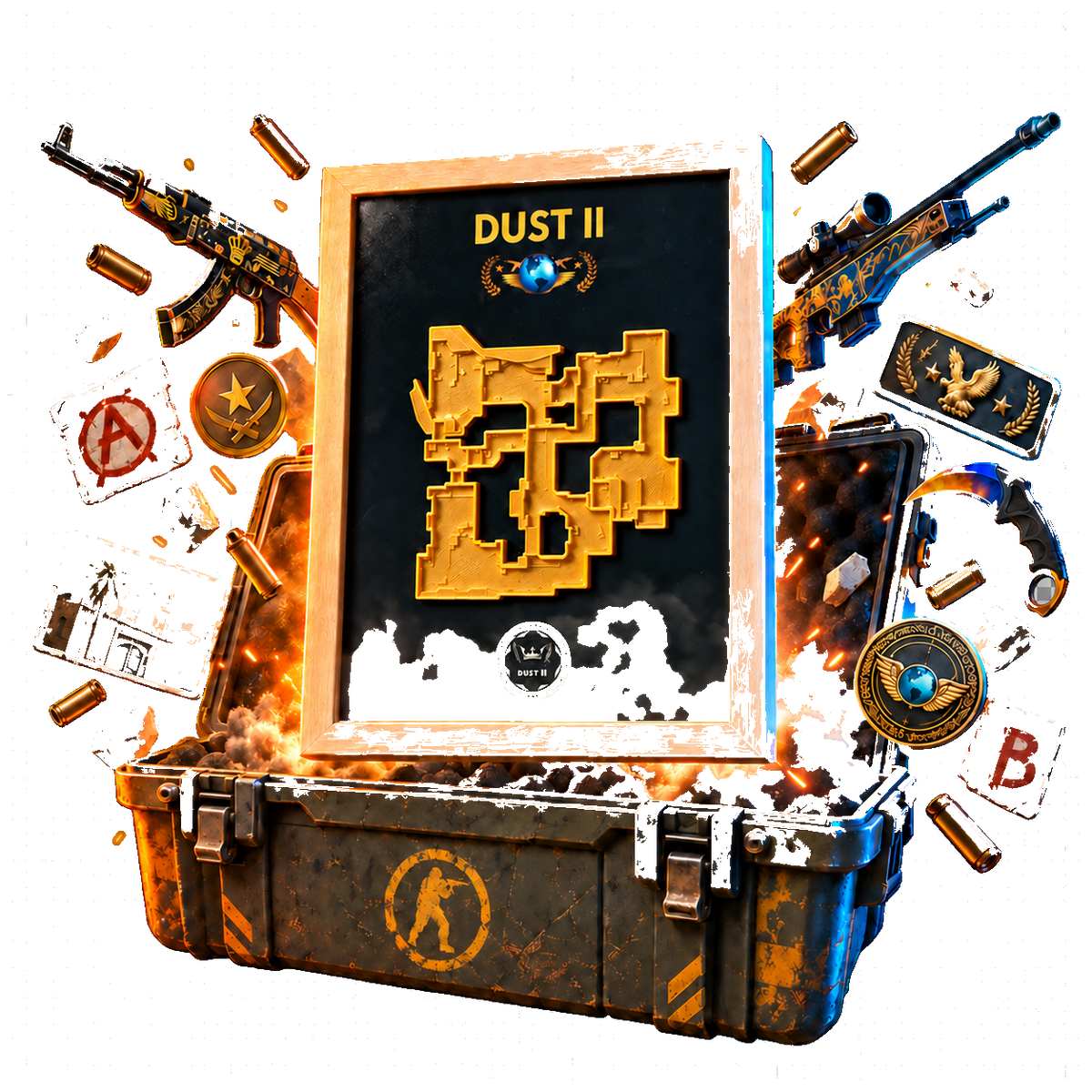 Altın renk 3D Dust II harita tablosunun oyun kasasından yükseldiği MAPFORGE koleksiyonu